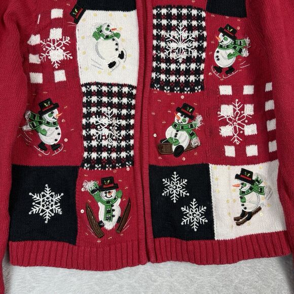 Vtg Holiday Sweater Womens L Red Full Zip Christmas Winter Snowman Grandma 90s - Picture 4 of 12